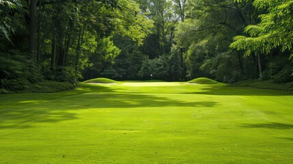 Obraz premium A golf course with a green grassy field and a golf hole. The field is empty and the grass is well-maintained