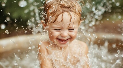 Fototapeta premium A delightful image showcasing the pure joy of a young child playing and splashing in a water fountain on a sunny day, capturing the essence of childhood happiness and freedom.