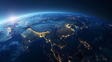 Fototapeta premium 3D Earth with atmospheric clouds and night lights visible in Europe