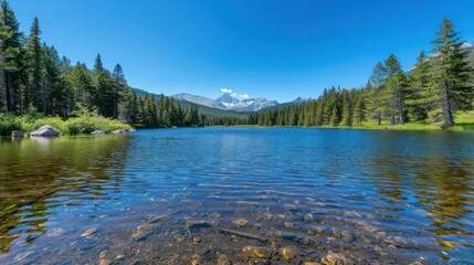 Fototapeta premium A lake with a mountain in the background. The water is calm and clear. The sky is blue and there are no clouds. The trees surrounding the lake are tall and green