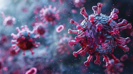 3D illustration of coronavirus particles, depicting the structure and spread of the virus in a cellular setting