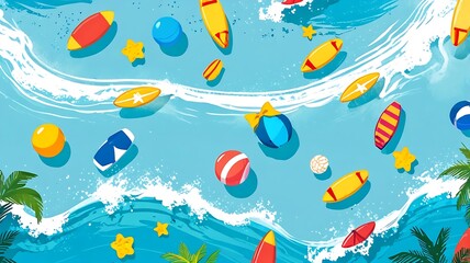 Obraz premium Tropical beach with palm trees, surfboards, umbrella, seashells, and starfish. Suitable for travel brochures, website banners, and vacation promotions. 3