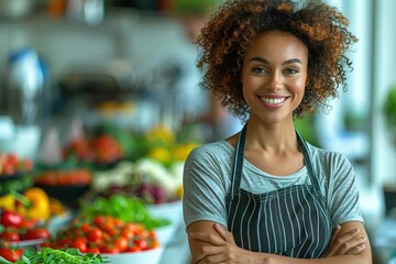 A cheerful woman with curly hair is wearing a striped apron and standing confidently in front of a colorful display of fresh vegetables. She radiates positivity and health.