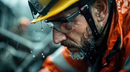 A detailed shot focusing on a worker wearing bright orange protective gear in a rainy environment, emphasizing the challenges and determination faced while performing duties.