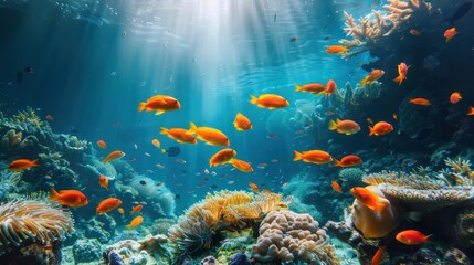 Fototapeta premium A school of orange fish swims in the ocean. The fish are scattered throughout the water, with some swimming near the surface and others deeper down. The scene is peaceful and serene