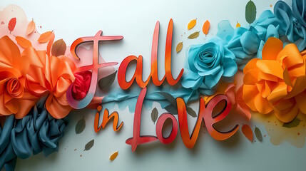 "Fall in Love" text with vibrant flowers and leaves on a soft background, capturing the essence of autumn romance, ideal for fall-themed designs and seasonal greetings