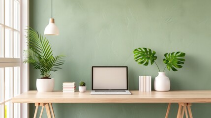 A computer desk with a laptop, a vase, and a potted plant. The desk is in a room with a green wall and a window