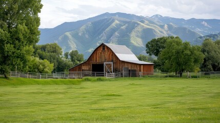 Obraz premium A large barn sits in a lush green field. The barn is surrounded by a fence and is the center of the scene. The mountains in the background add to the peaceful and serene atmosphere of the image