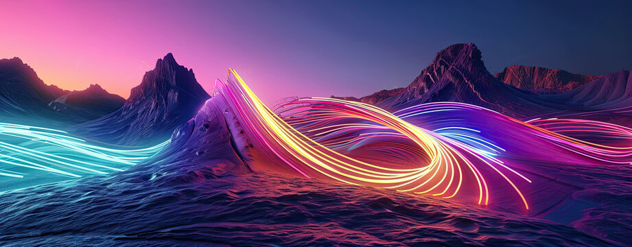 Surreal landscape: rocky mountains and neon curvy colorful lines in motion. Flowing energy concept. Glowing trajectory path data flow concept