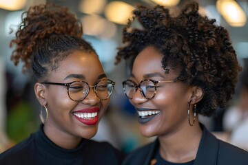 Two beautiful African American businesswomen, one wearing eyeglasses, are smiling and laughing while discussing work in their office. They are looking at each other with a sense of teamwork