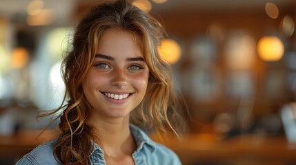 Obraz premium Portrait of a Smiling Young Woman with Wavy Hair in a Casual Setting – A Warm and Natural Expression of Joy and Confidence