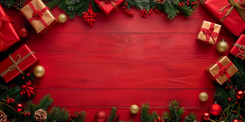 a background for chistmas advertising, a red wooden table, top view with christmas decoration