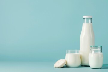 dairy products on blue background, bottle of milk, yogurt, sour cream