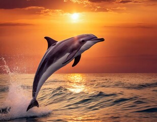 Beautiful dolphin jumping up from the ocean to the Sun at sunset time. Dolphin in orange background