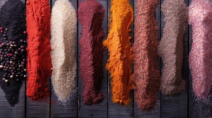 A dynamic array of spices on a dark wooden background, arranged in neat parallel rows, highlights the diverse colors, textures, and flavors that these ingredients bring to cuisine.