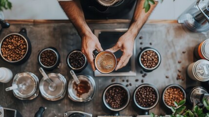 A barista meticulously preparing coffee, surrounded by various containers of coffee beans and brewing equipment, creating a cozy and indulgent atmosphere in a café setting.