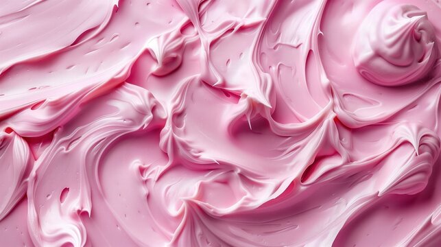 Close-up of pink icing frosting with smooth, wavy patterns. bakery and dessert background. ice cream