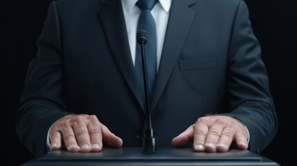 A CEO addressing the media about a corporate scandal, with a somber tone, with copy space, high-resolution photo, hyper realistic