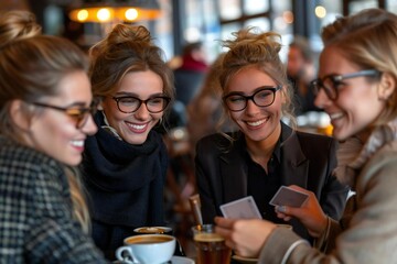 Group of beautiful businesspeople smiling and exchanging cards over coffee in a cafe, all wearing stylish eyeglasses and looking attentively at each other.