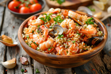 Arroz de Marisco. Traditional spanish seafood paella. Fried rice.