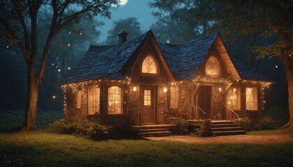 A cozy stone cottage glowing underneath a midnight moon