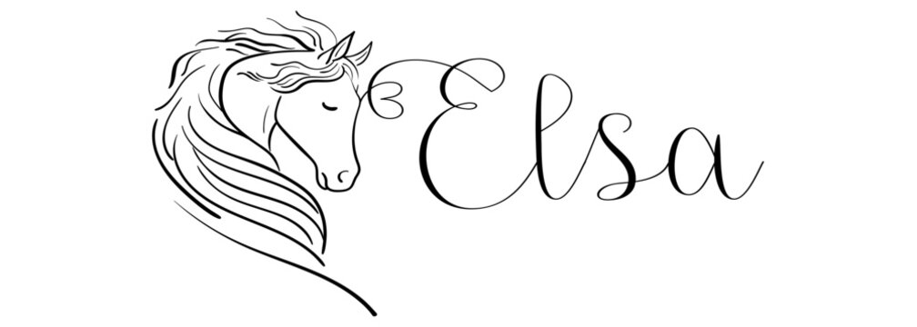 Elsa - colore nero - nome scritto - grafica vettoriale con cavallo stilizzato con cuore - per siti web, auguri, banner, biglietti, tag, t-shirt, felpe, stampe, cricut, silhouette, scrapbooking