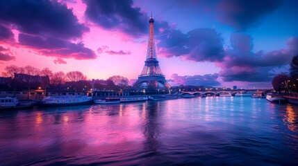 Obraz premium Magical Paris sunset over the Seine River with the Eiffel Tower reflecting on the water. Sky in vivid pinks and purples creates a dreamy atmosphere.