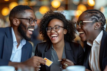 Three beautiful businesspeople smiling and laughing while exchanging visiting cards at a corporate meeting, all wearing eyeglasses and looking attentively at each other.