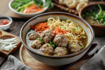 Bakso indonesian soup. Meatball soup. Chicken turkey vegetables meatballs soup with carrots and potatoes.