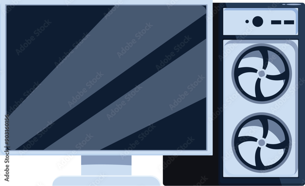 Poster modern personal computer is displaying an empty screen with its system unit next to it
