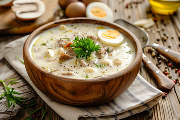 Zurek - polish fermented rye soup with traditional polish white kielbasa or sausage with marjoram, hard-boiled eggs