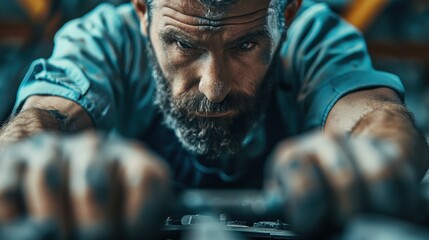 Fototapeta premium A mechanic in blue uniform and gloves is intensely focusing on repairing an internal part of the engine, hands deep in the machinery, highlighting concentration and skill.