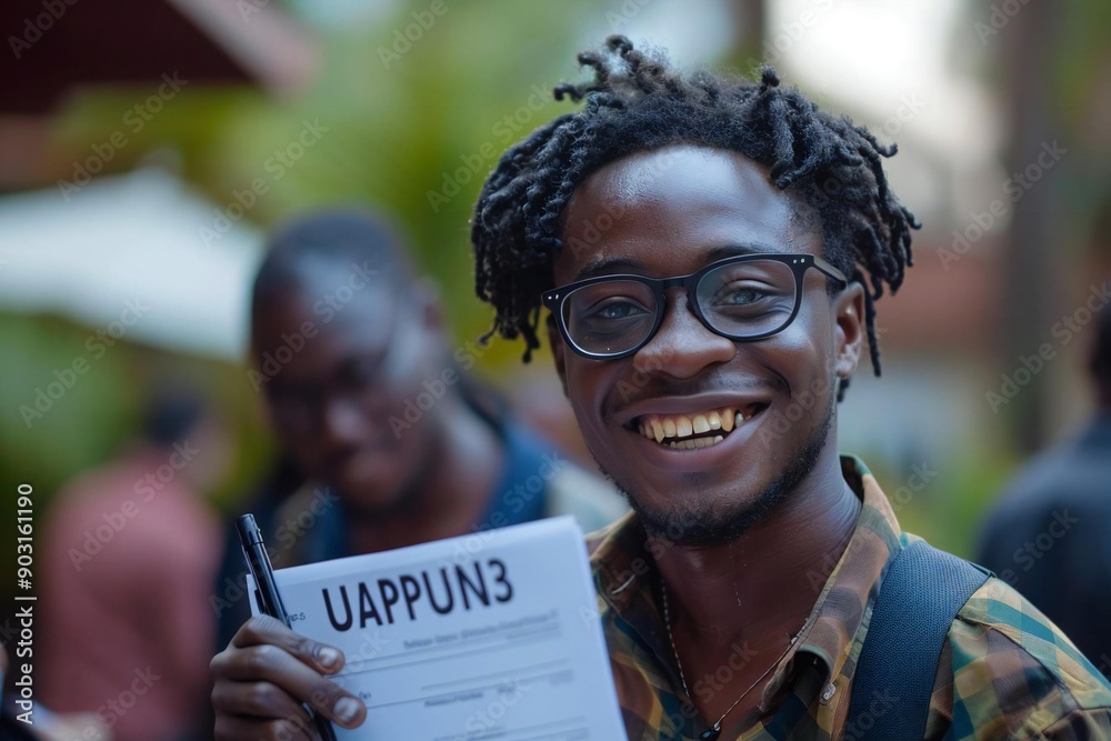 Aufkleber beautiful african businessman smiling and wearing glasses while filling out a customer survey form w