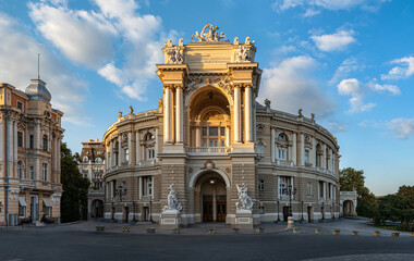 Odessa National Academic Theater of Opera and Ballet in Ukraine. Evening panoramic view.