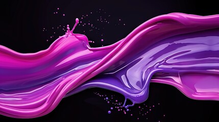   Pink and purple liquids collide on black background; droplet atop