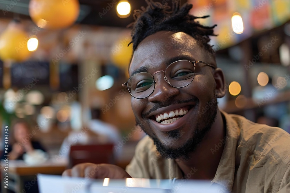 Poster beautiful businessman in eyeglasses smiling and laughing while filling out a customer survey form in