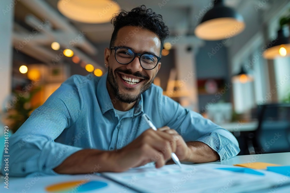 Aufkleber Beautiful businessman in eyeglasses smiling and laughing while filling out a customer survey form in an office, looking attentively at the questionnaire.