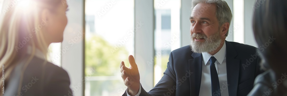 Wall mural a man in a suit is talking to two women in a conference room. the man is smiling and he is in a good