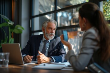 Fototapeta premium A man and a woman are sitting at a table, talking on a cell phone. The man is wearing a suit and tie, and the woman is wearing a business suit. The scene suggests a professional setting