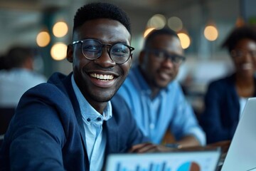 Fototapeta premium - Young businessman with a beautiful smile, wearing eyeglasses, analyzing a graph while chatting with his colleagues in a conference room. - Colleagues are looking at the digital tablet