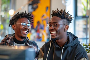 Fototapeta premium Two beautiful young men laughing and smiling while watching the news on a flatscreen television at home, both wearing eyeglasses and attentively looking at the screen.