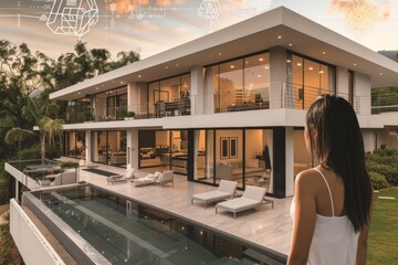 Obraz premium Contemporary house with a pool emphasizing modern design and luxury living.
