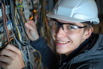 Beautiful young male electrician wearing glasses and a hard hat, smiling and looking focused on repairing cables in an office setting.