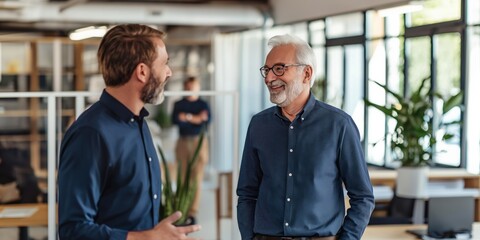 Two men are talking in a room with a potted plant in the background. One of the men is wearing glasses