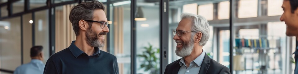Fototapeta premium Three men are smiling and talking to each other in a room. Scene is friendly and positive