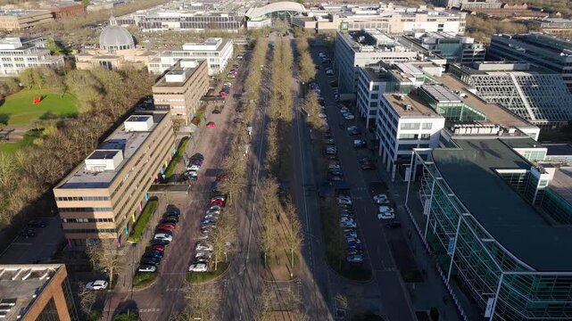 Medium aerial dolly pan shot of Midsummer Boulevard, to reveal Midsummer Place, Christ the Cornerstone Church and Xscape