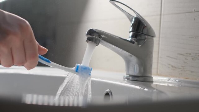A man's hand rinsing a toothbrush with a stream of water from a tap, close-up