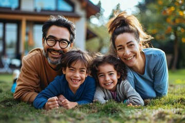 Beautiful family of four, including parents wearing glasses, smiling and laughing while lying on the grass outside their cozy home and looking directly at the camera.