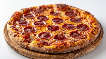 Artisan pizza topped with prosciutto and arugula, served on a wooden plate, against a clean white background