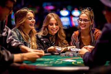 Fototapeta premium Three beautiful people sitting at a casino poker table, smiling and laughing as the croupier deals the cards face up on the green baize, with the person wearing eyeglasses looking intently